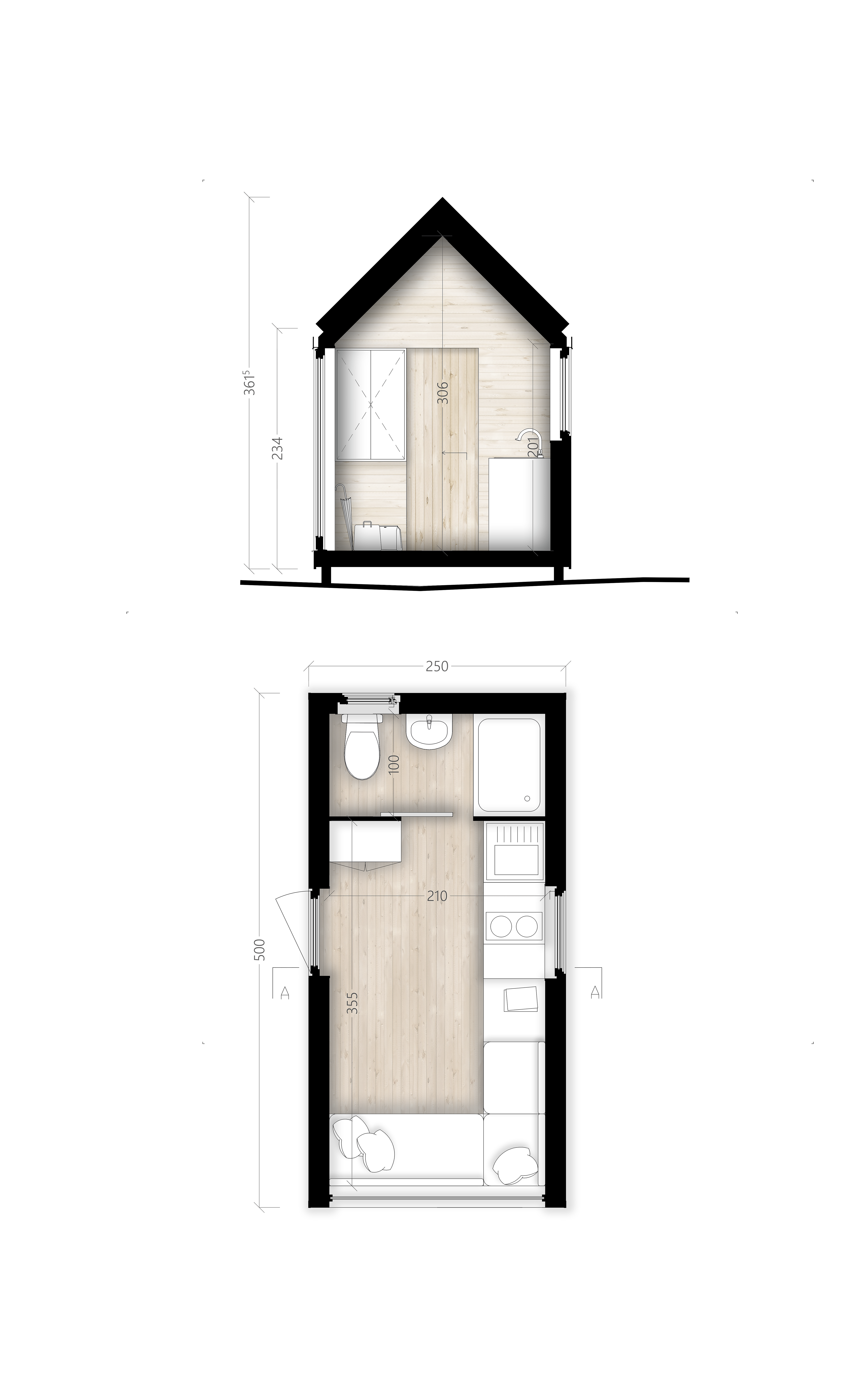 D'woch 12m² - Plans et coupes texturés